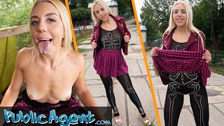 Blonde teen POV blowjob and fast fuck outdoors before Halloween party - Public Agent